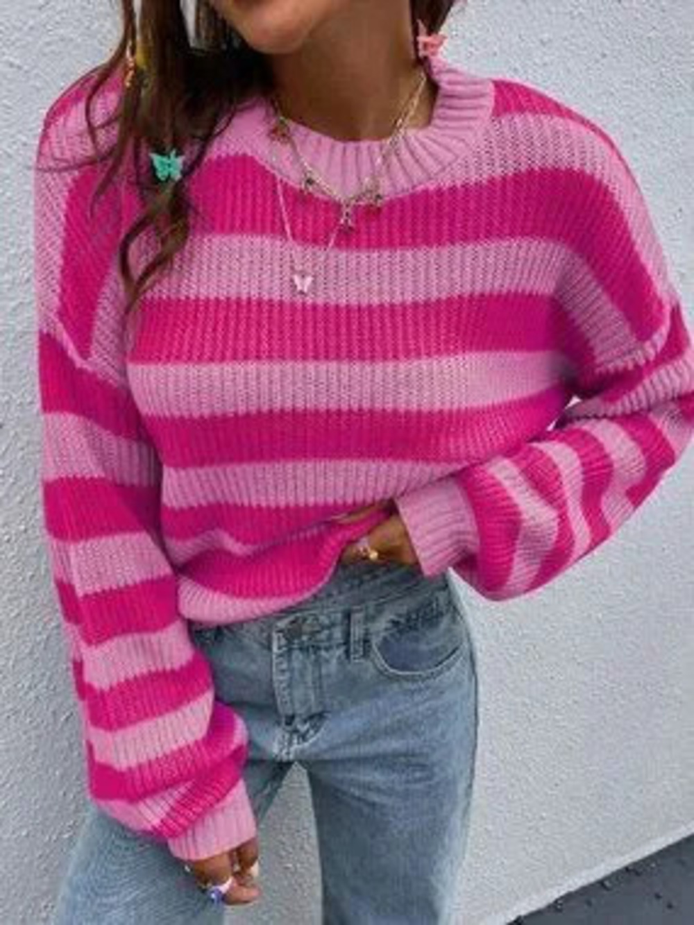 Multicolor Casual Women's Striped Round Neck Drop Shoulder Long Sleeve Sweater